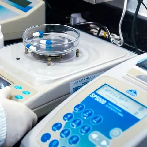 an analytical balance beside sample capsules