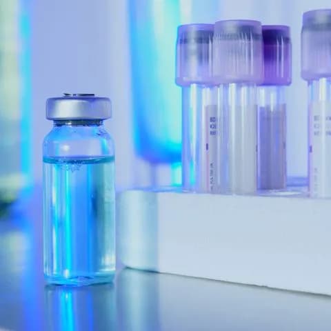 a glass vial under blue laboratory light