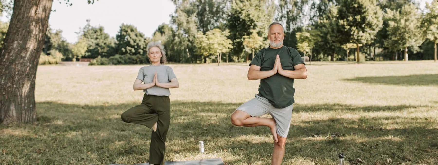 older adults doing yoga outdoors